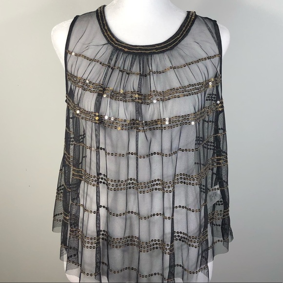 Chelsea & Violet S Sheer Blouse Black Gold Sequins Sleeveless - Picture 1 of 13